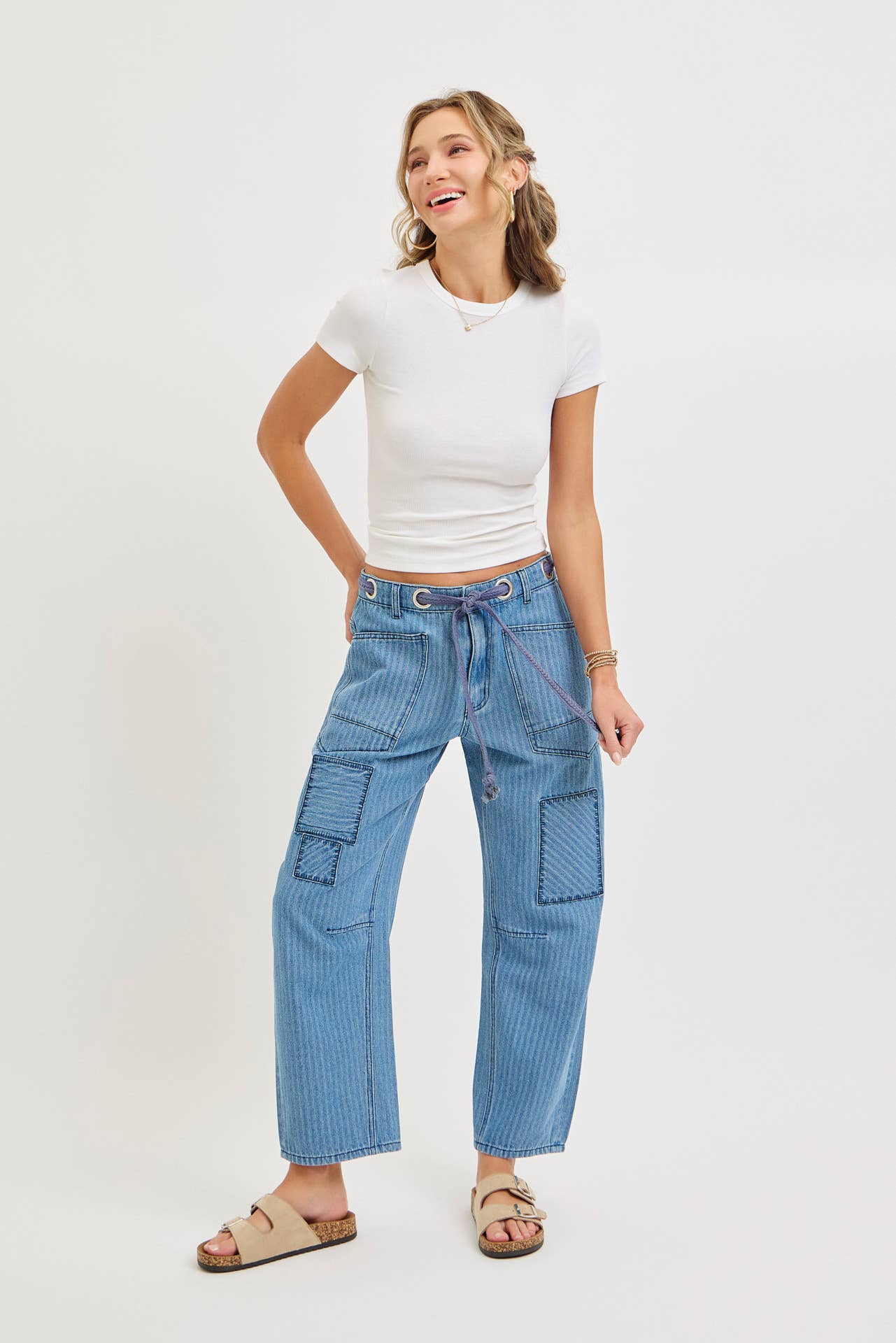 Striped Patch Barrel Jeans