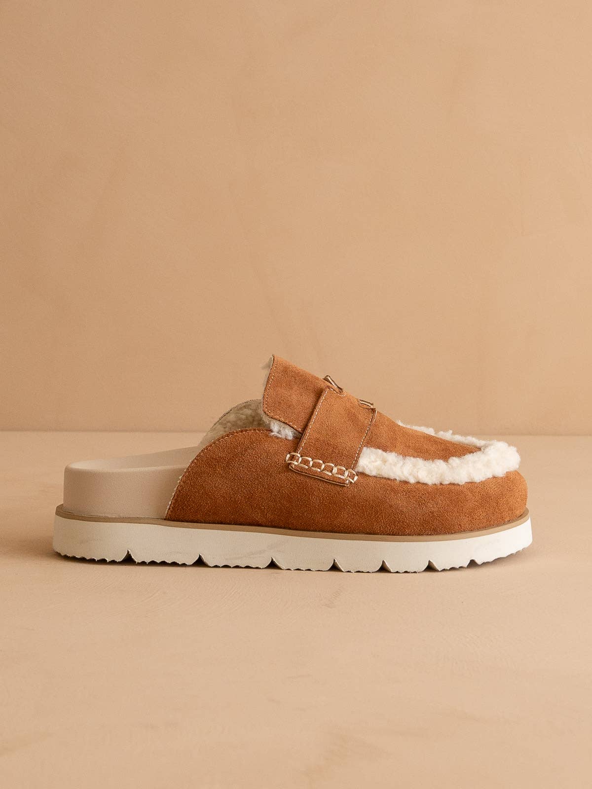 The Avalon Suede Shearling Cozy Loafer Mule (Khaki & Carmel)