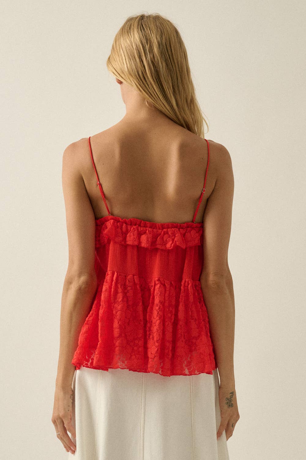 Floral Lace and Cotton Gauze Ruffled Babydoll Cami Top