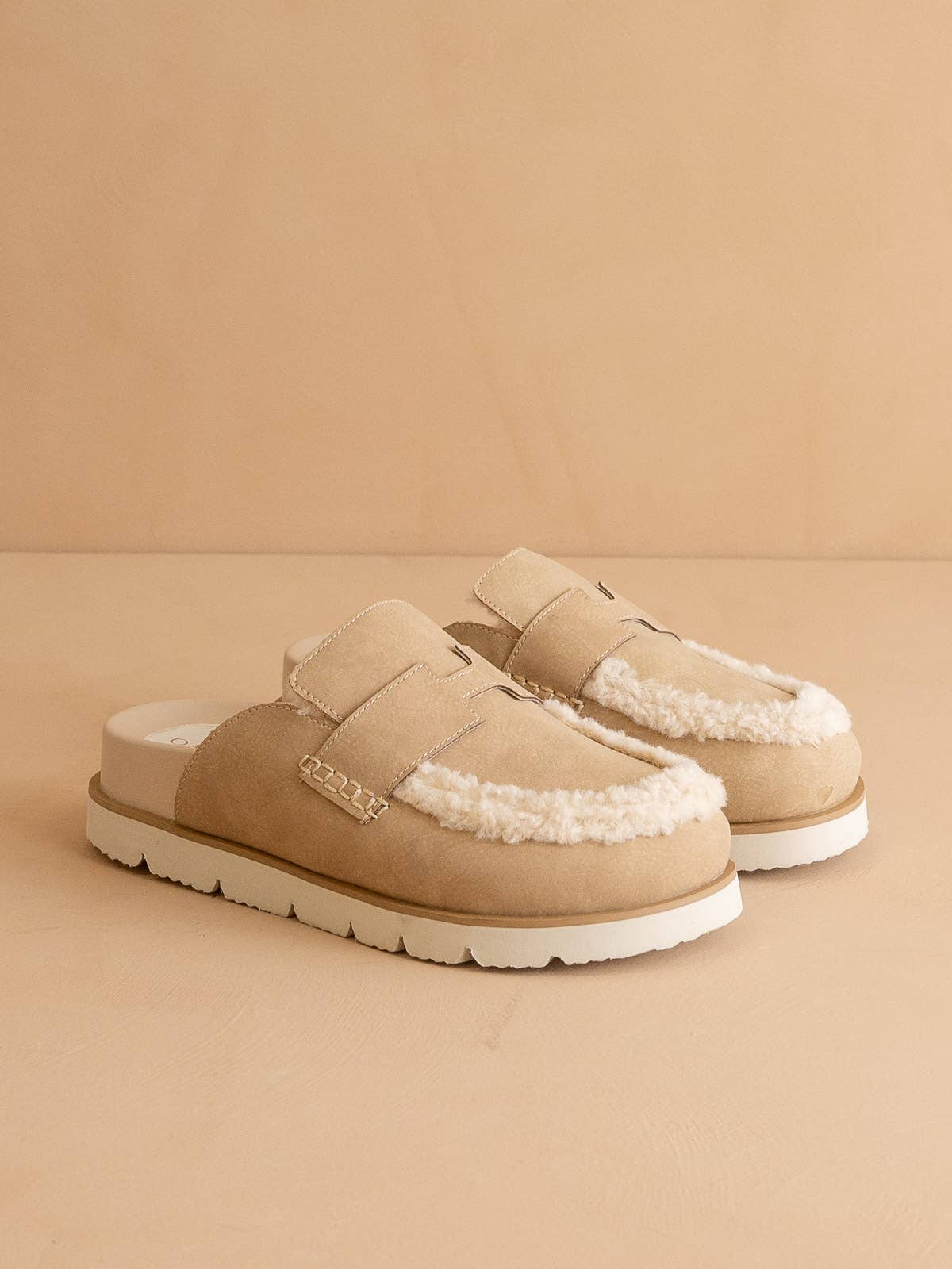 The Avalon Suede Shearling Cozy Loafer Mule (Khaki & Carmel)
