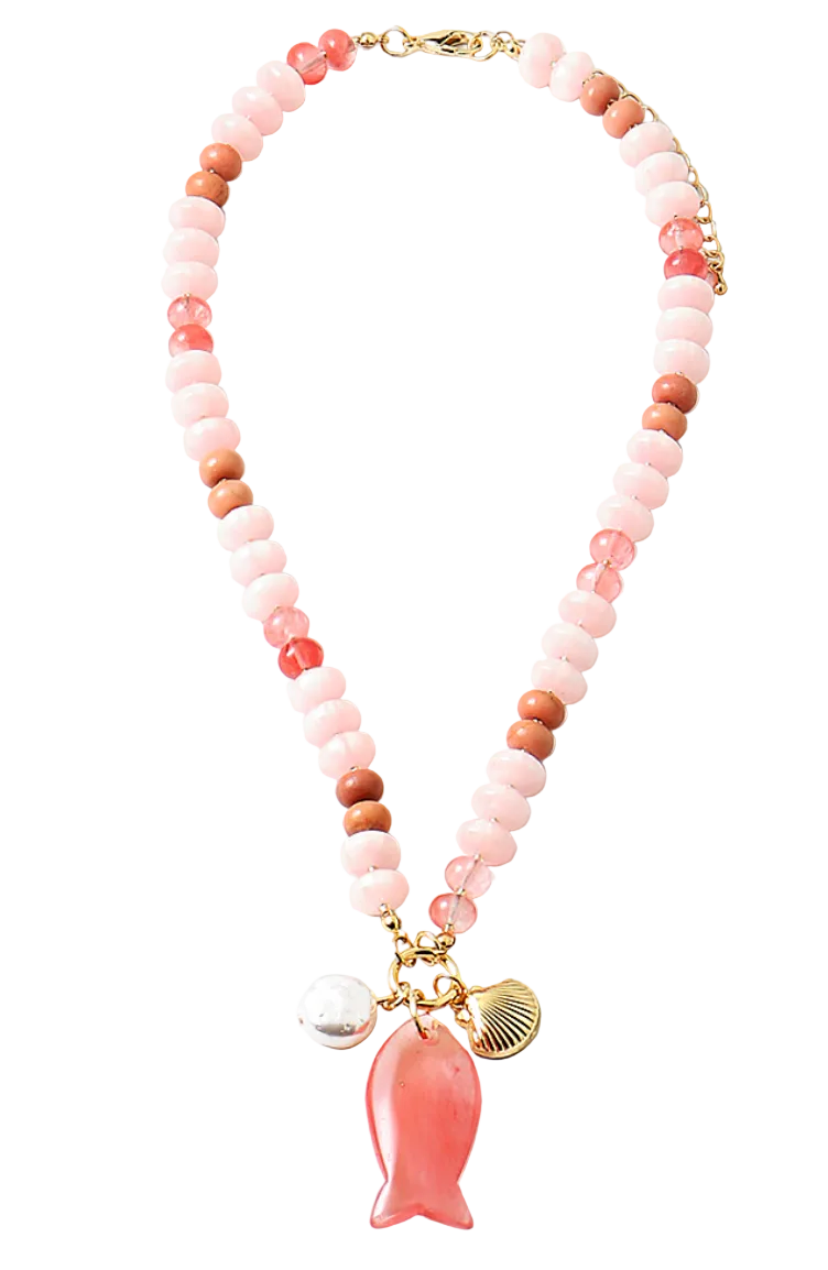 Gemstone Fish Charm Necklace - Pink