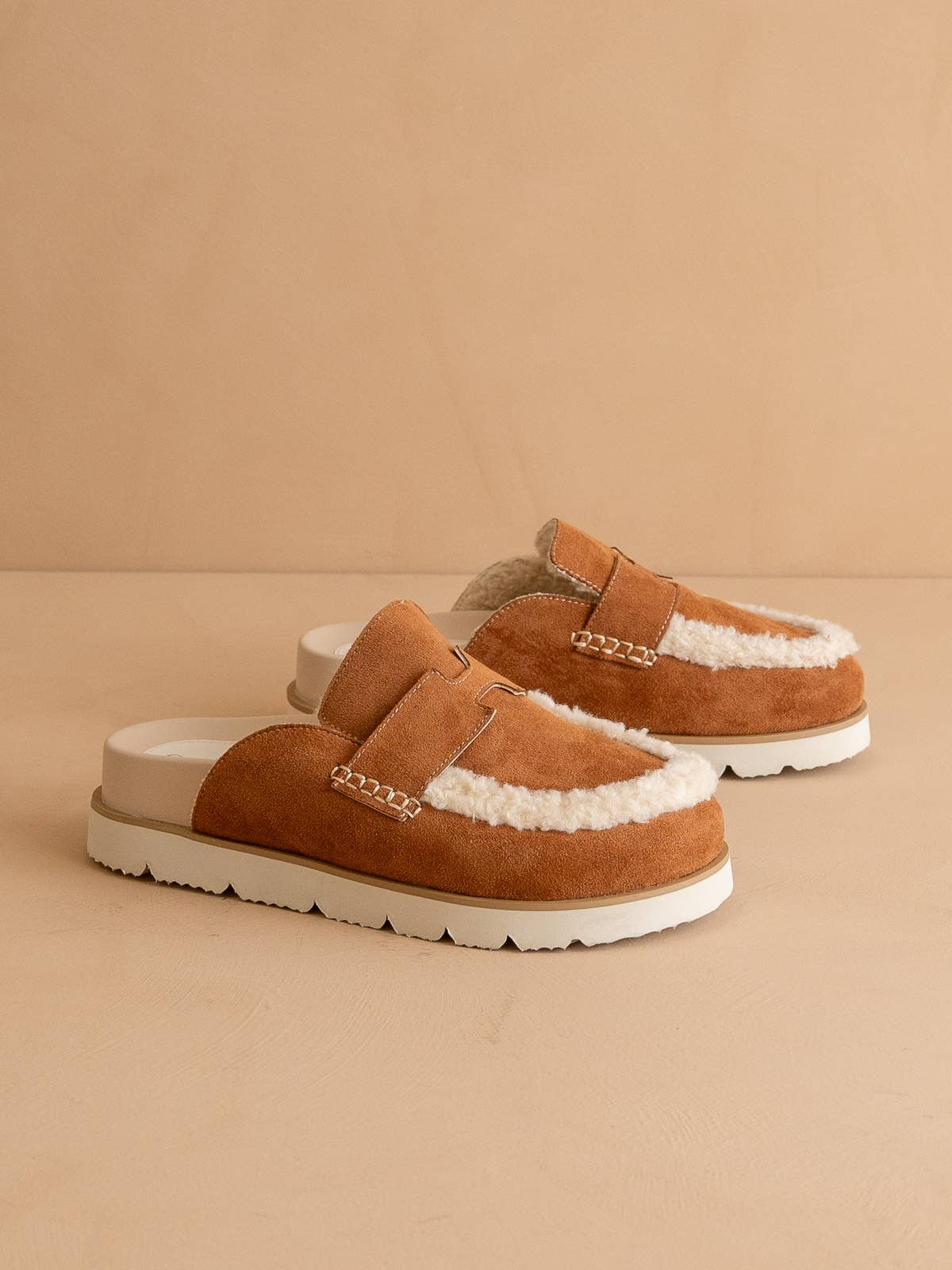 The Avalon Suede Shearling Cozy Loafer Mule (Khaki & Carmel)