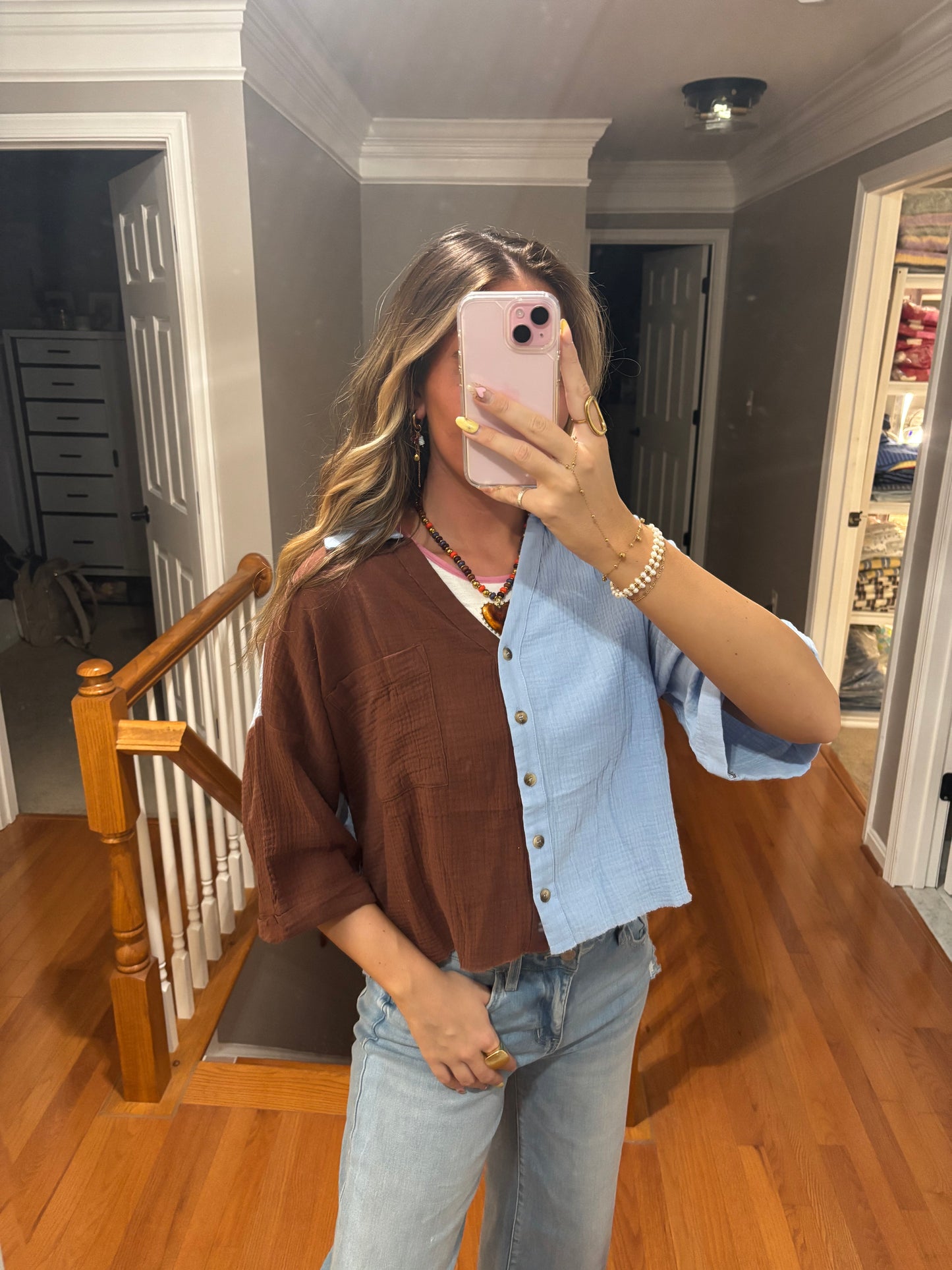 Blue Color block Button Up