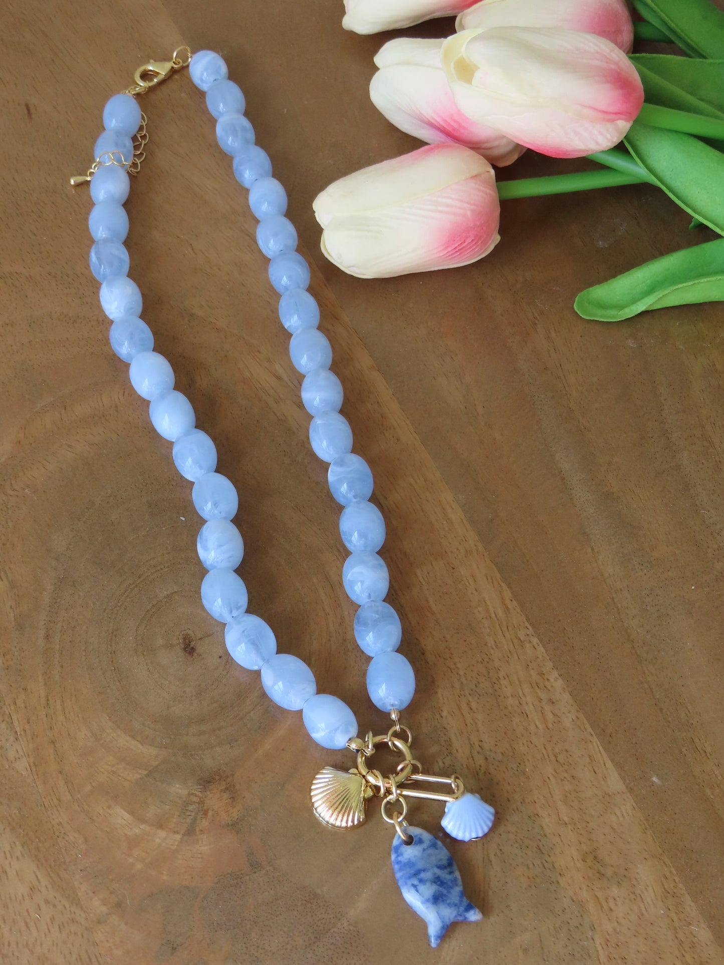 Beaded Fish Charm Necklace- Blue