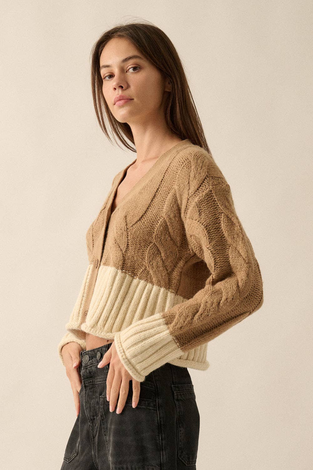 Caramel Color Block Cardigan Sweater