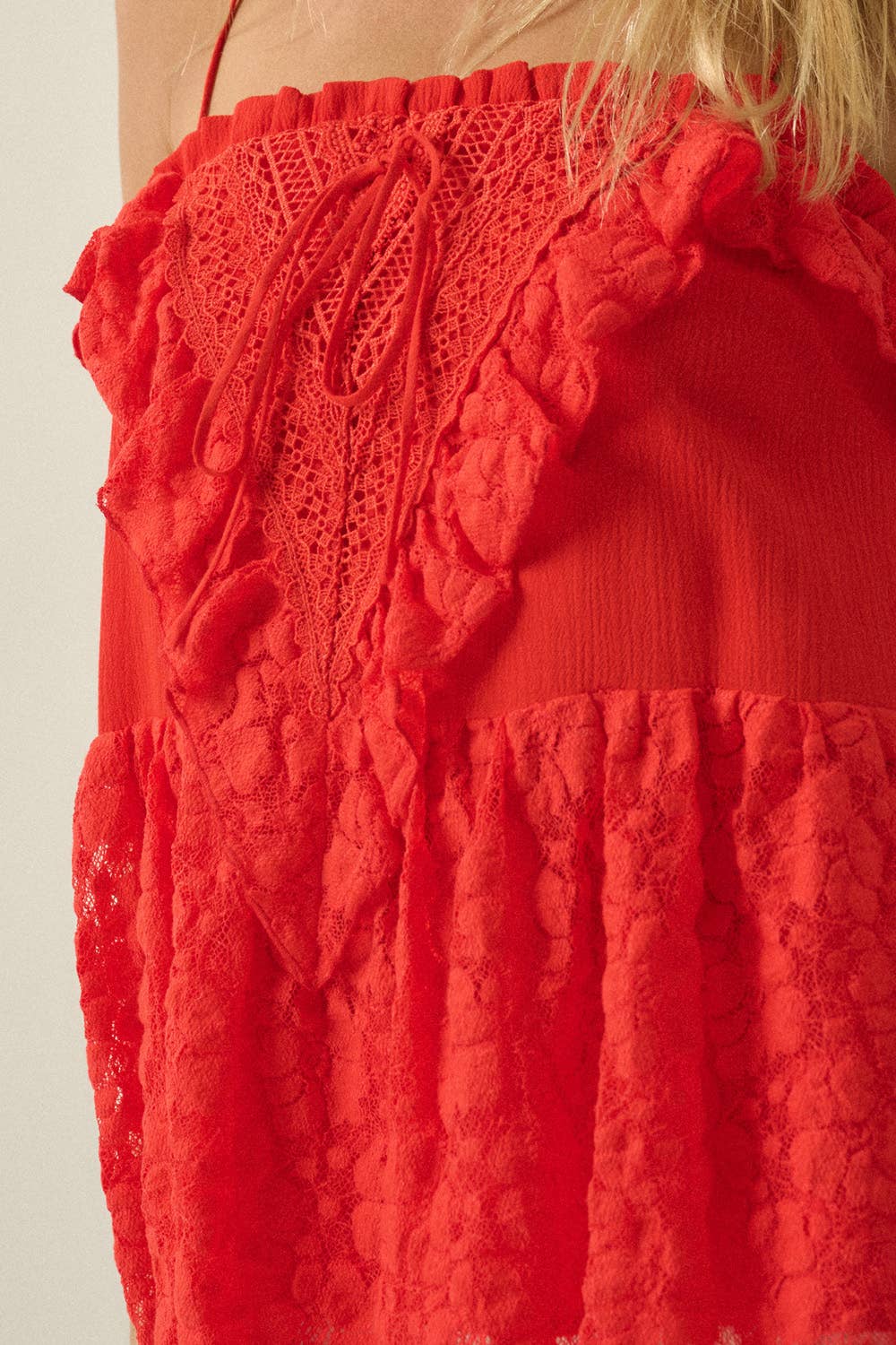 Floral Lace and Cotton Gauze Ruffled Babydoll Cami Top