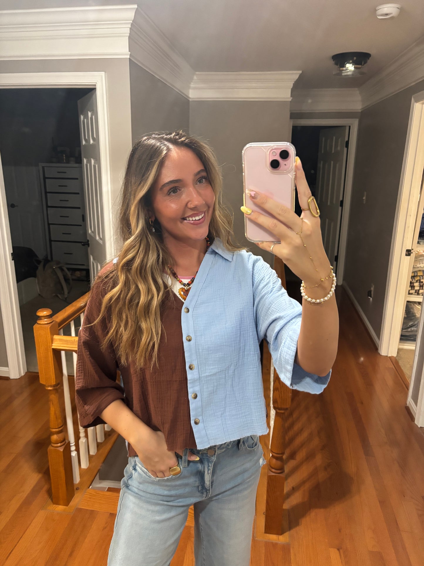 Blue Color block Button Up