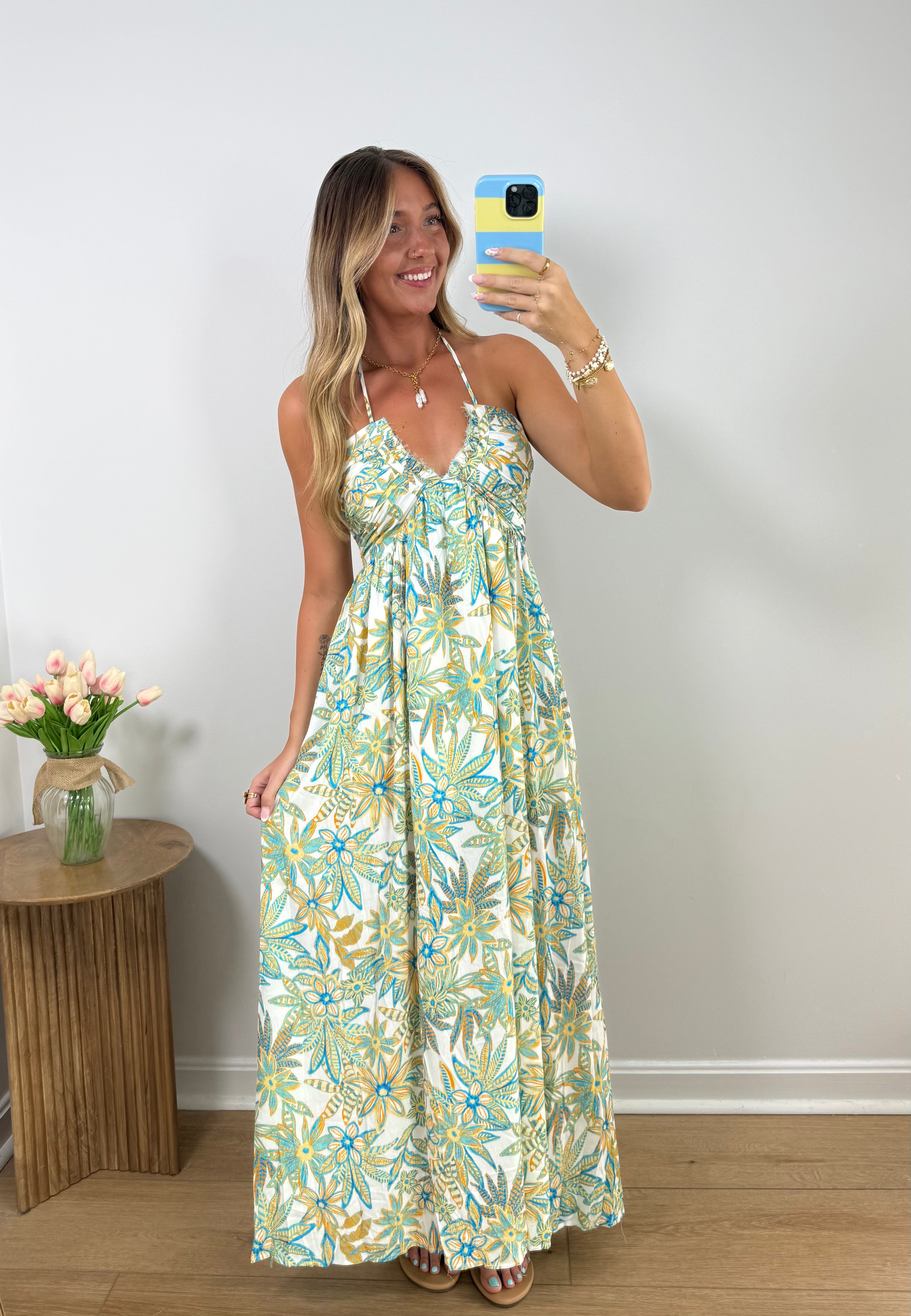 Sunny Bouquet Tie-Back Halter Maxi Dress