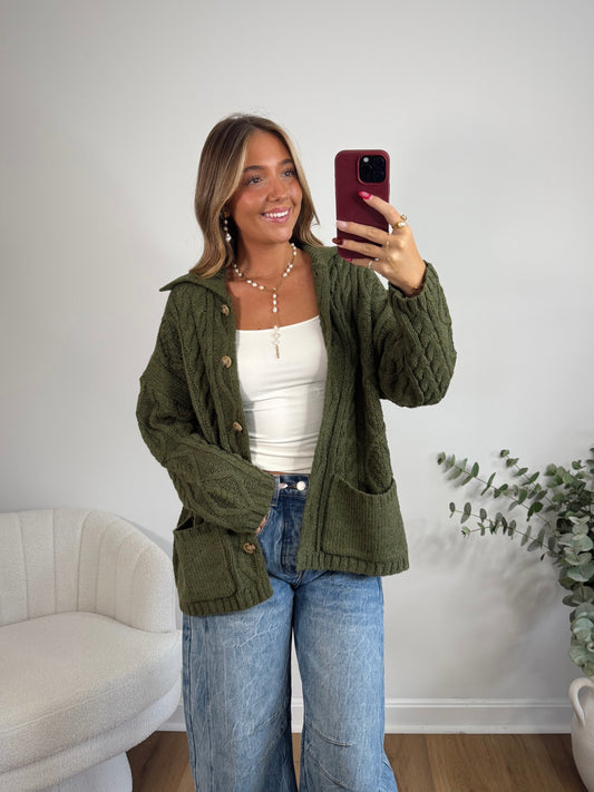 Homestead Cable Knit Cardigan (Olive)