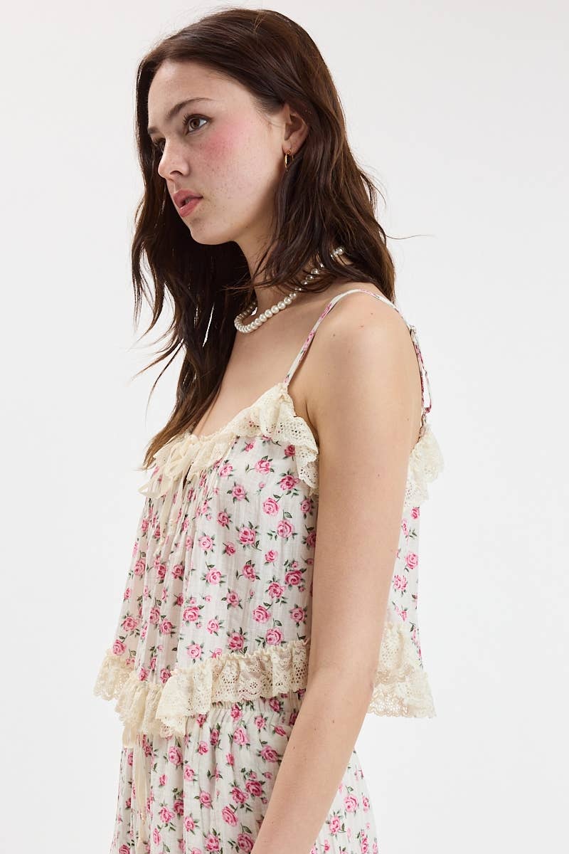 VIVID DITSY FLORAL WIDE LACE POINT CAMI CROP TOP