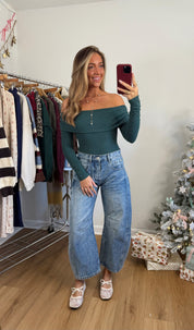 Classic Off The Shoulder Bodysuit (green & crimson)