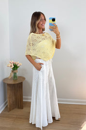 Mixed Eyelet Flare Pants