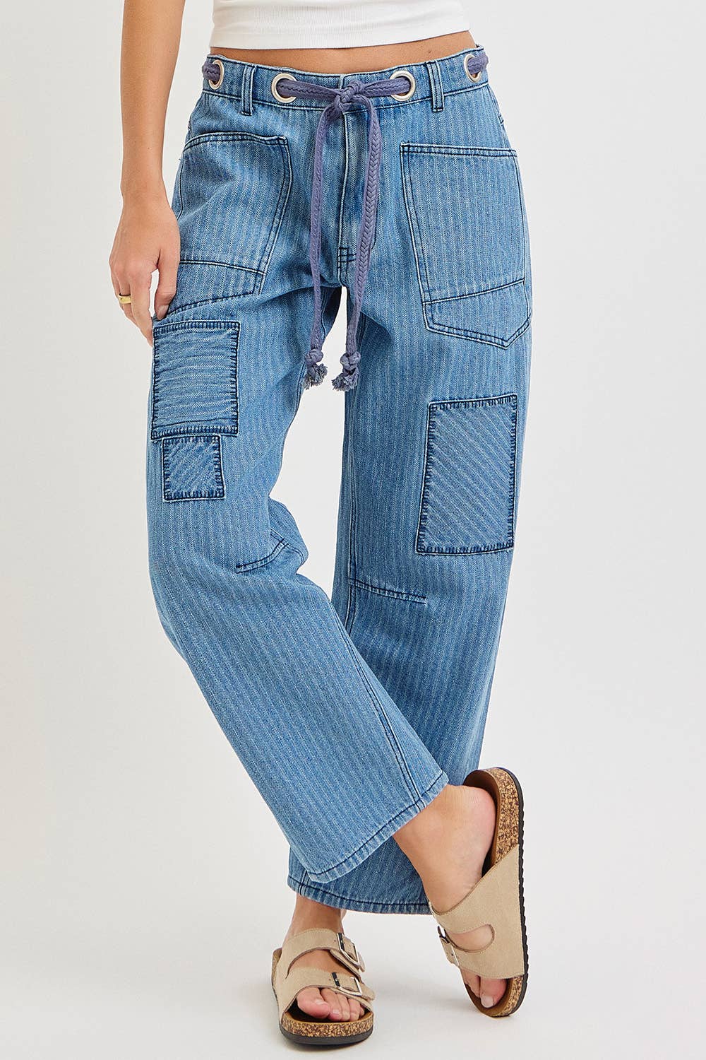 Striped Patch Barrel Jeans