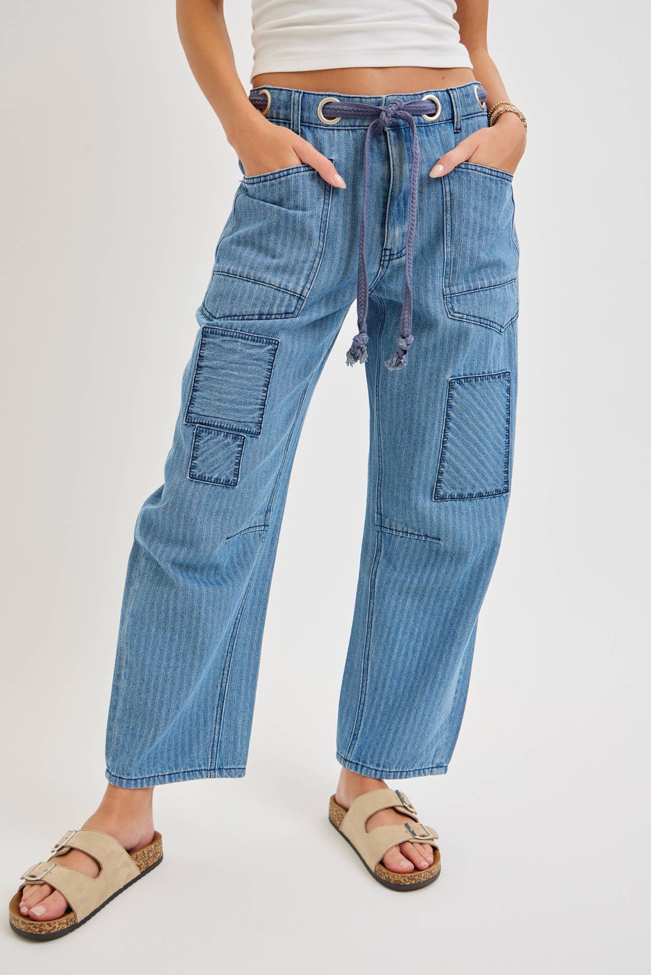 Striped Patch Barrel Jeans