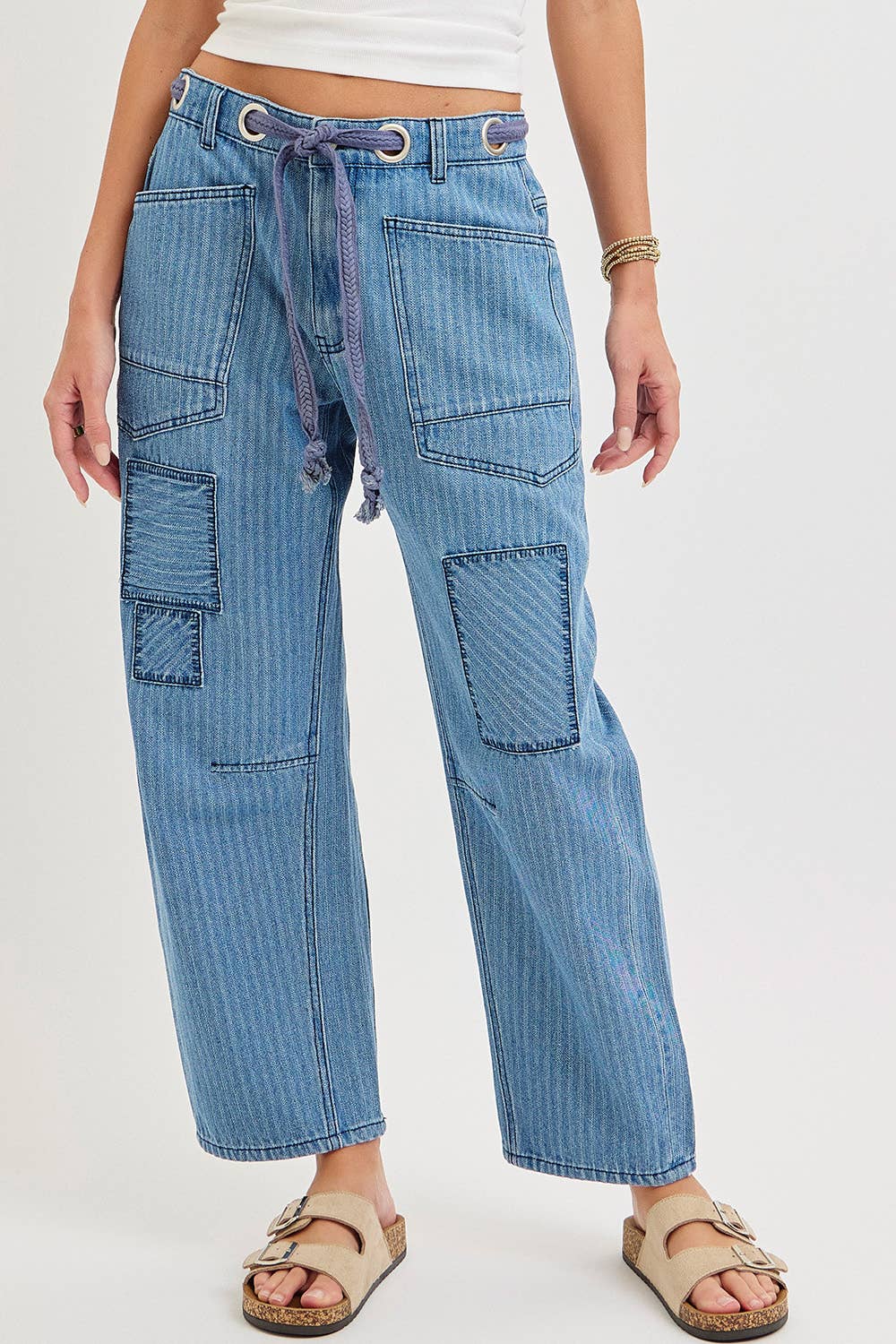 Striped Patch Barrel Jeans