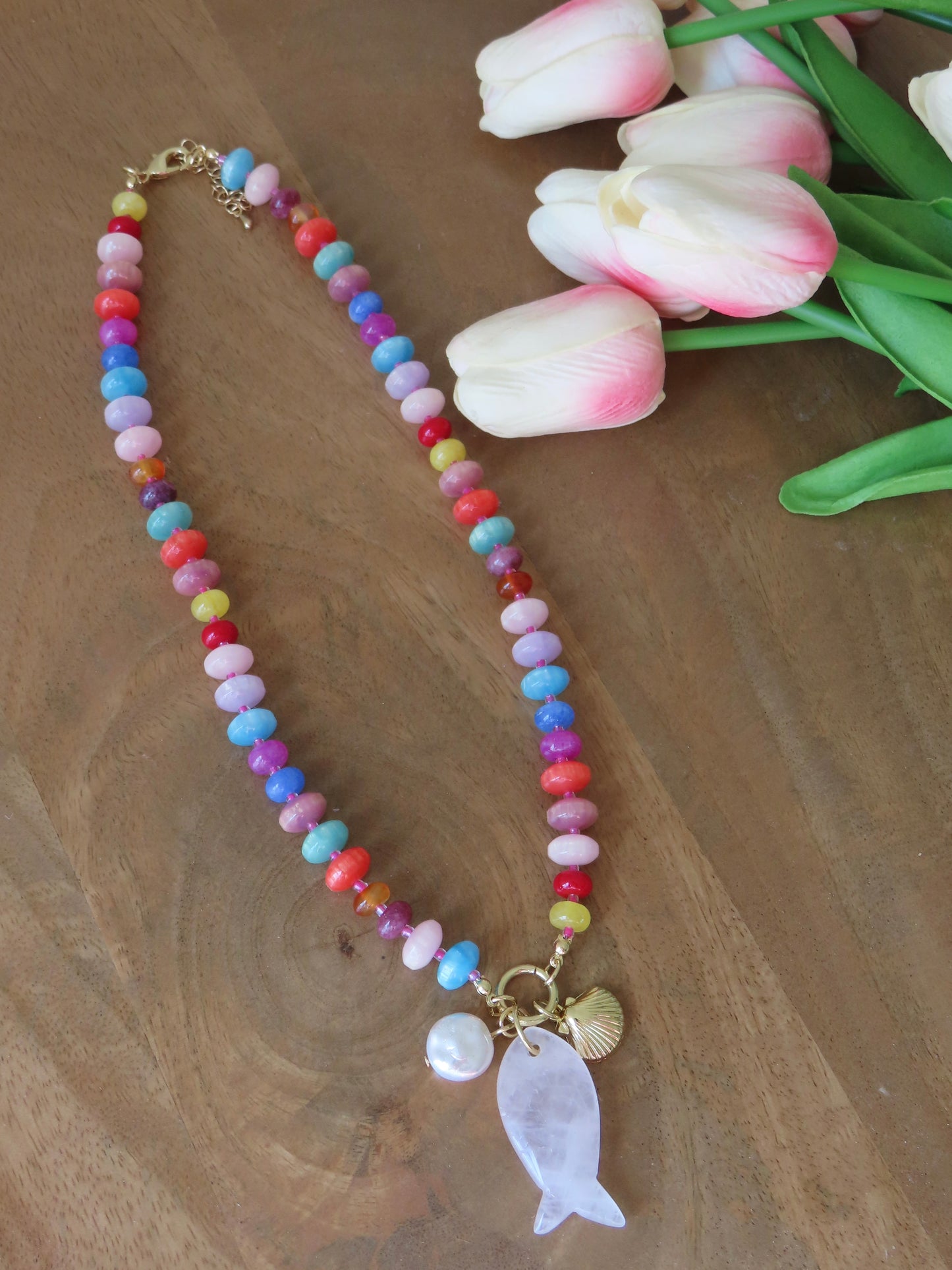 Gemstone Fish Charm Necklace  - Multi