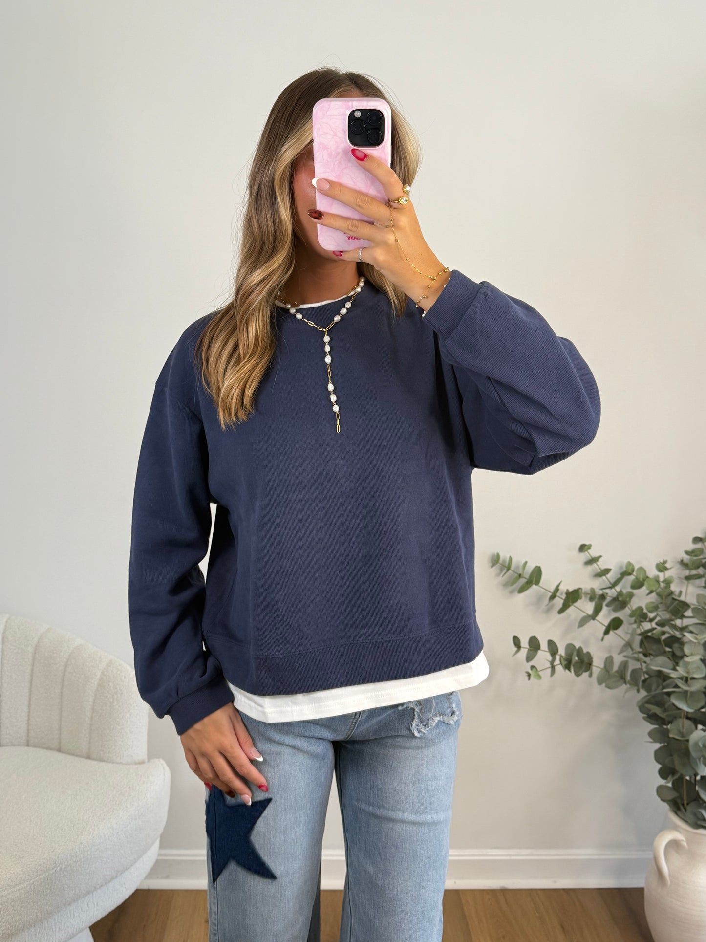 Take It Easy Layered Pullover (Grey, Navy & Clay)