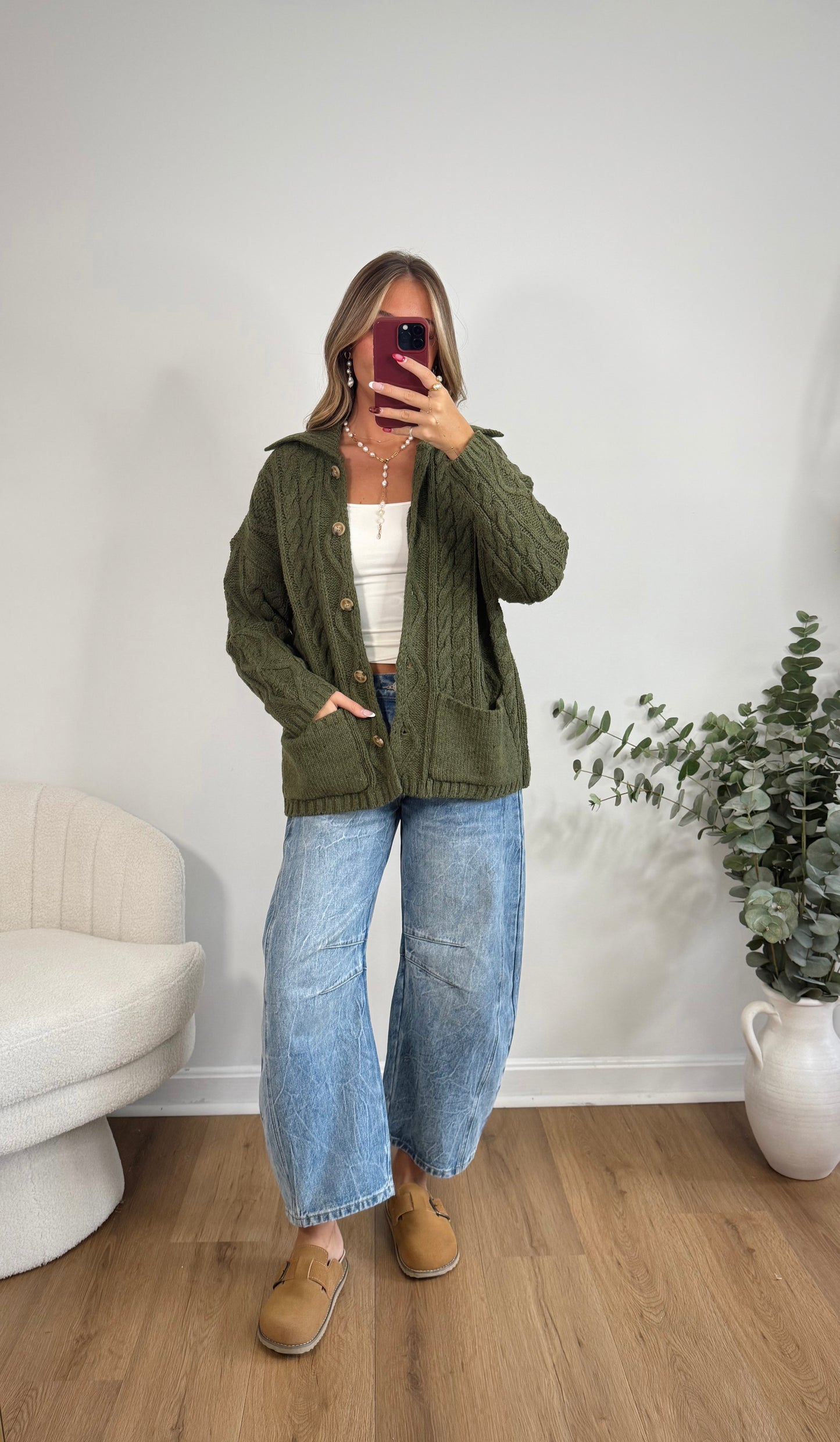 Homestead Cable Knit Cardigan (Olive)