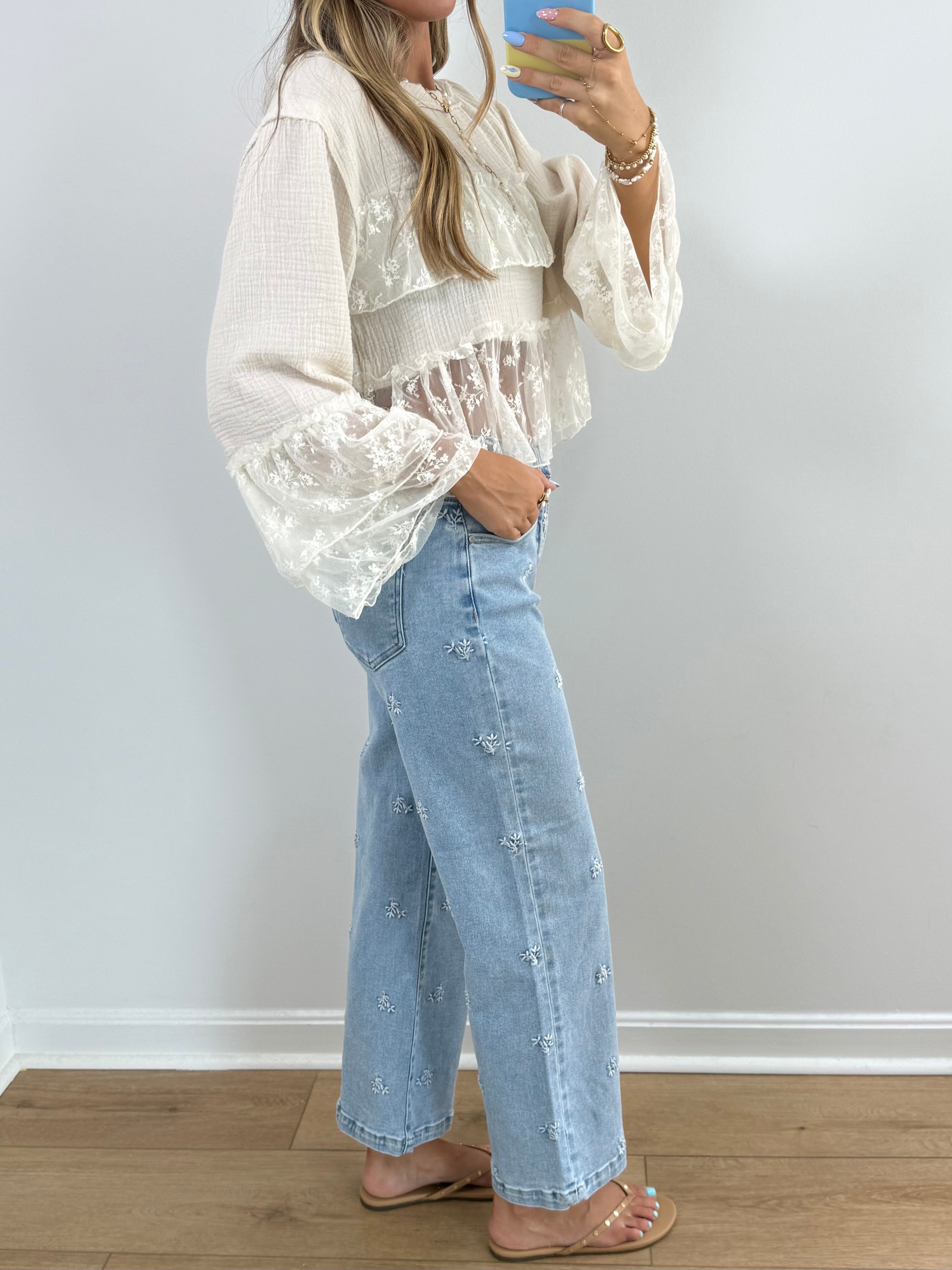 Daisy Stitch Crop Wide Leg Jeans