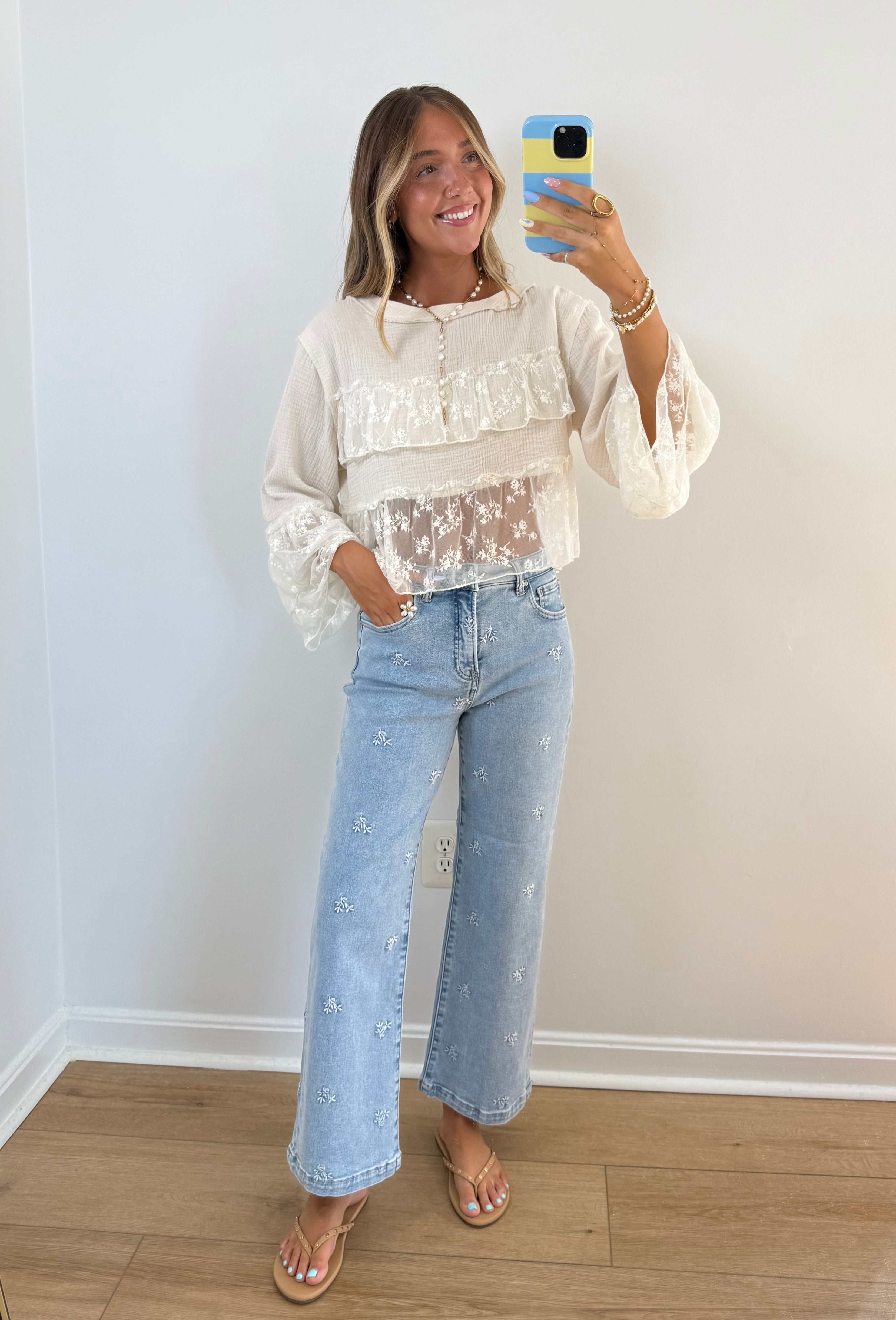 Daisy Stitch Crop Wide Leg Jeans