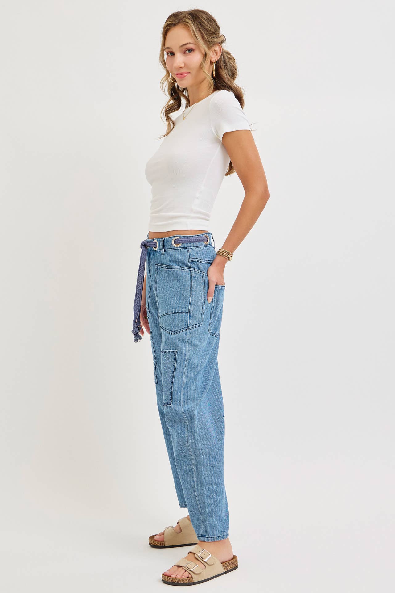 Striped Patch Barrel Jeans