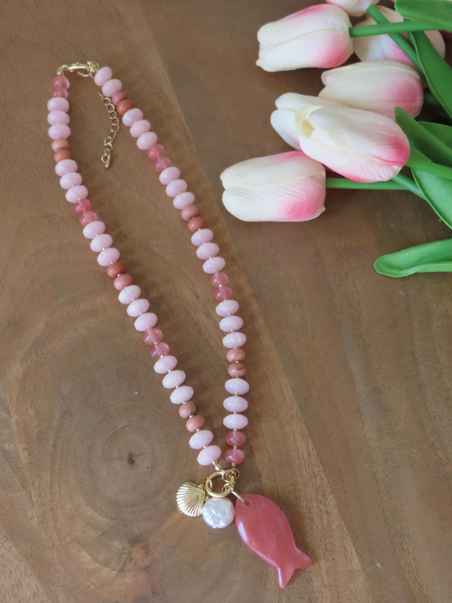 Gemstone Fish Charm Necklace  - Pink
