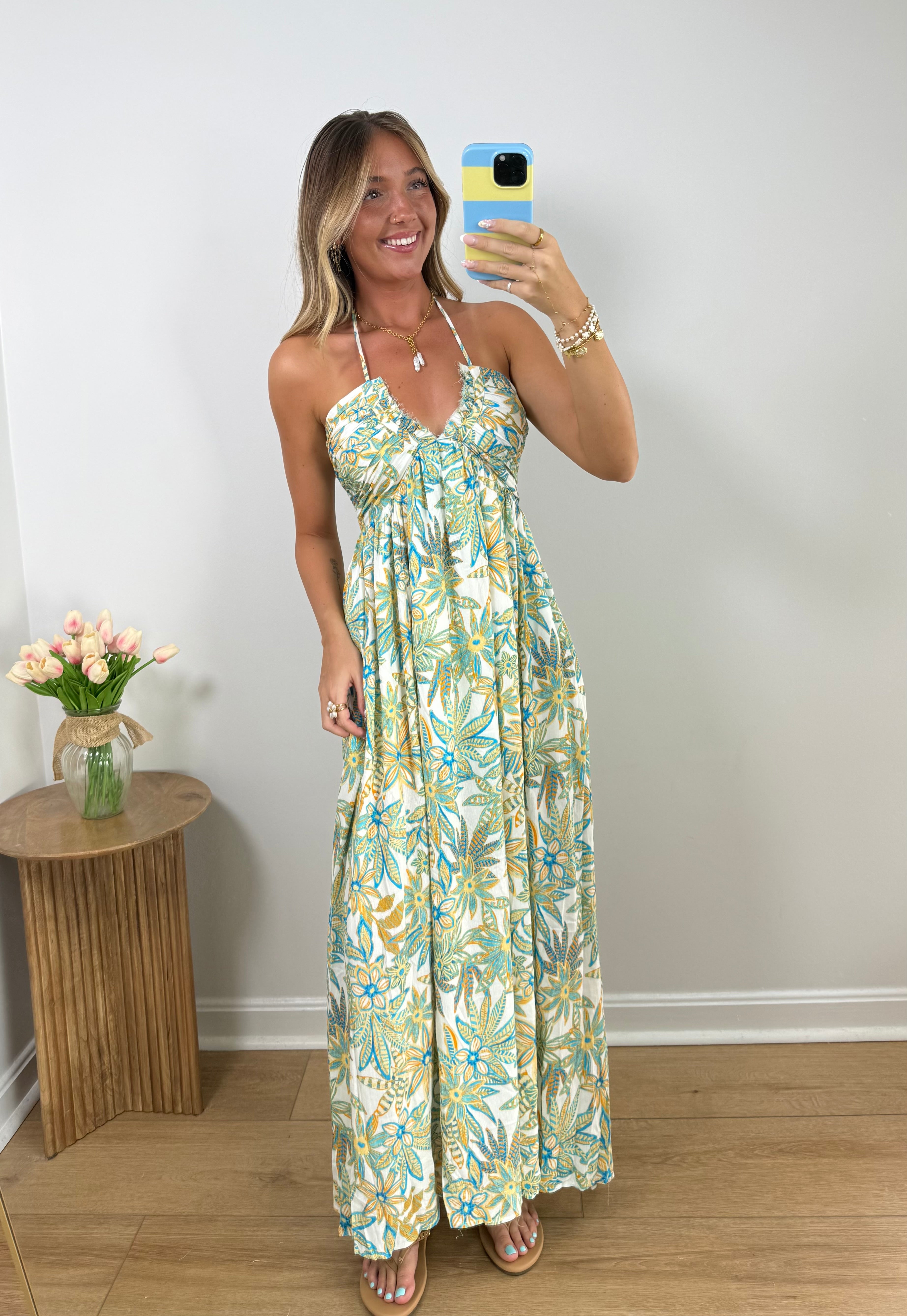 Sunny Bouquet Tie-Back Halter Maxi Dress