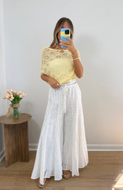 Mixed Eyelet Flare Pants