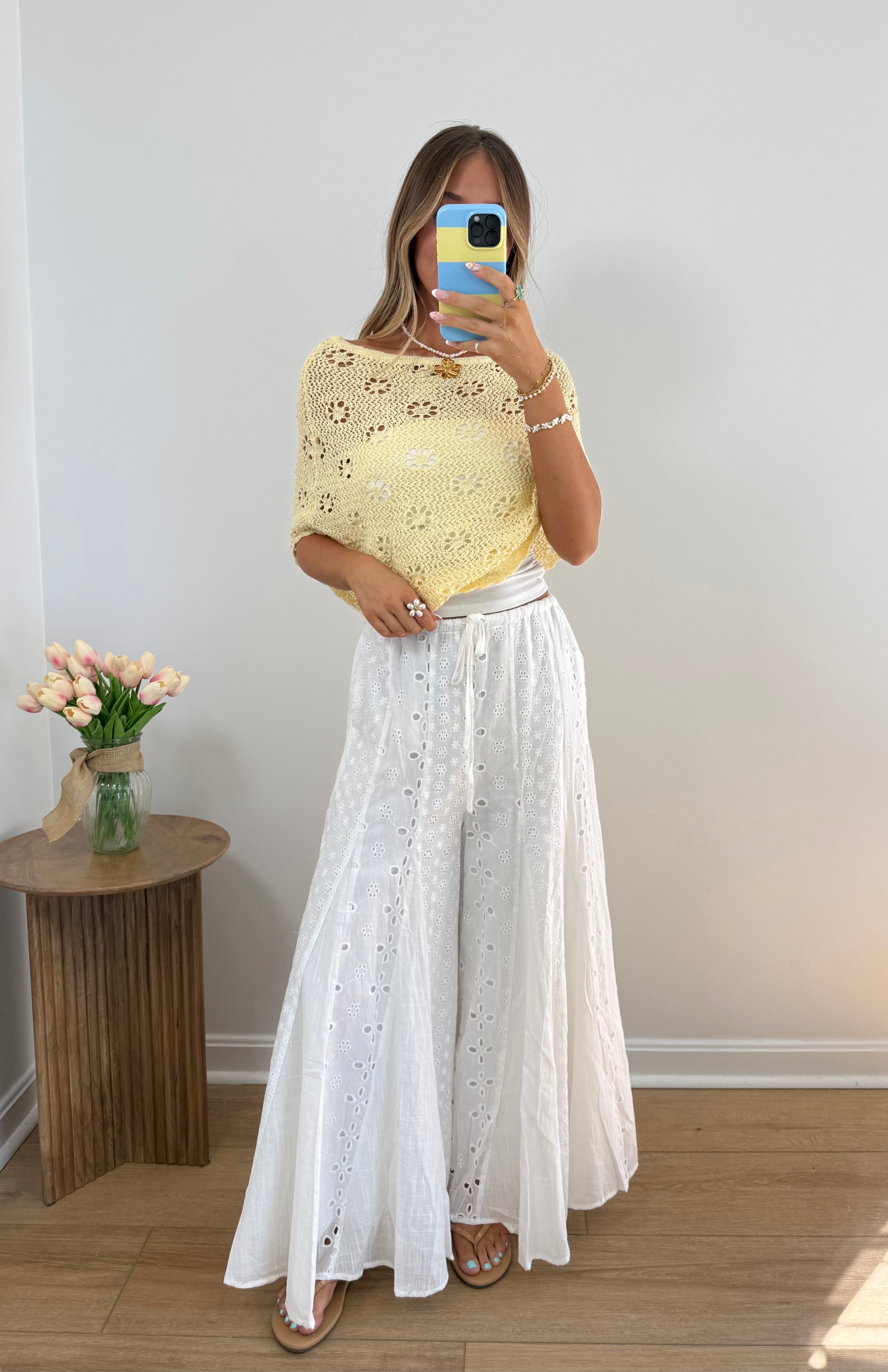 Mixed Eyelet Flare Pants