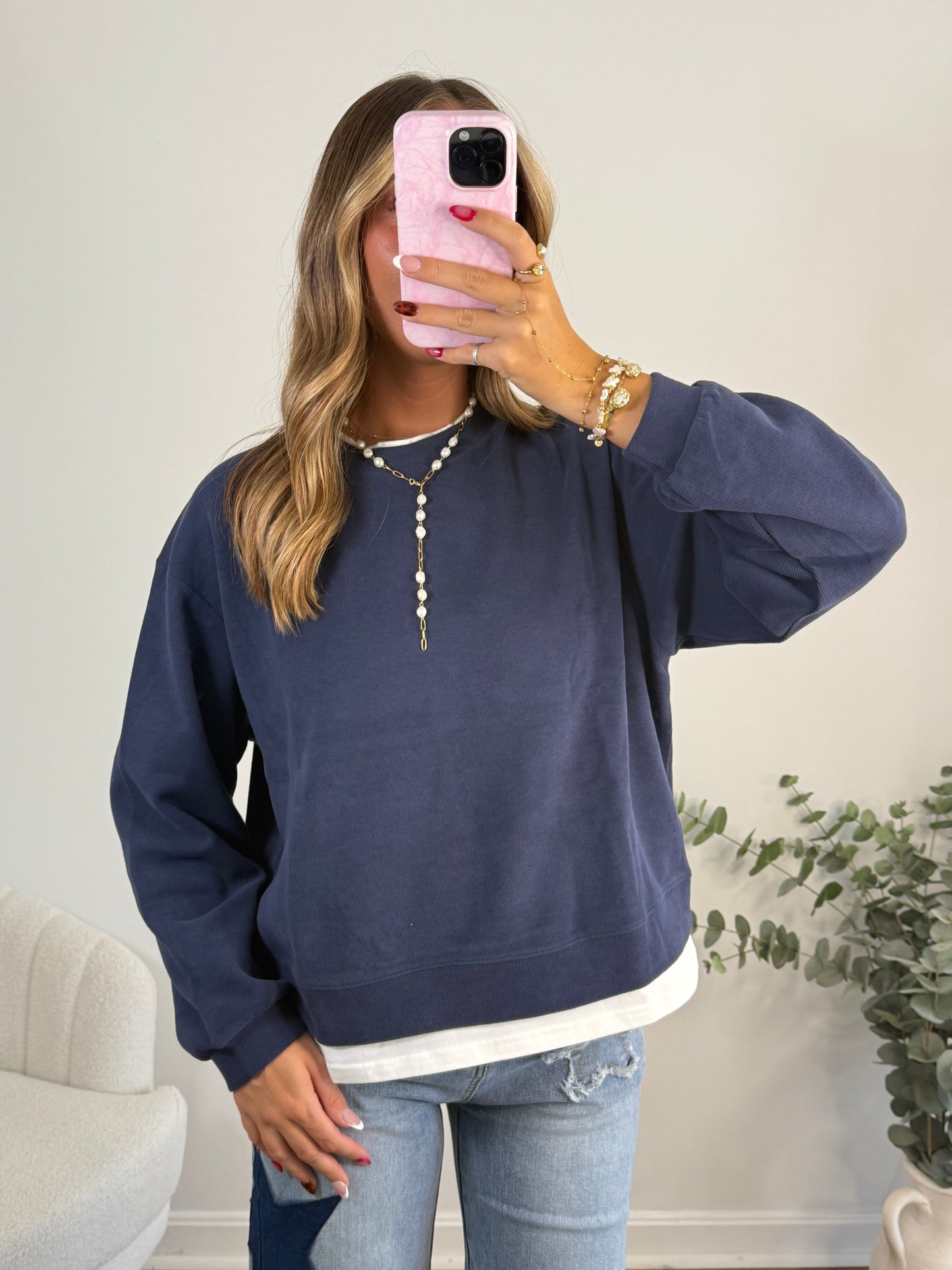 Take It Easy Layered Pullover (Grey, Navy & Clay)