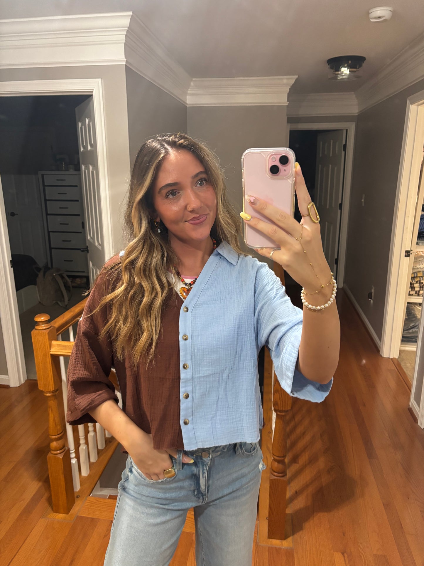 Blue Color block Button Up