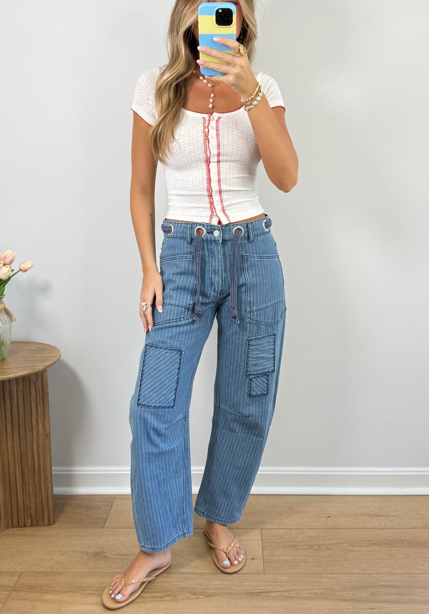 Striped Patch Barrel Jeans