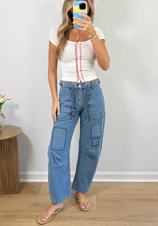 Striped Patch Barrel Jeans