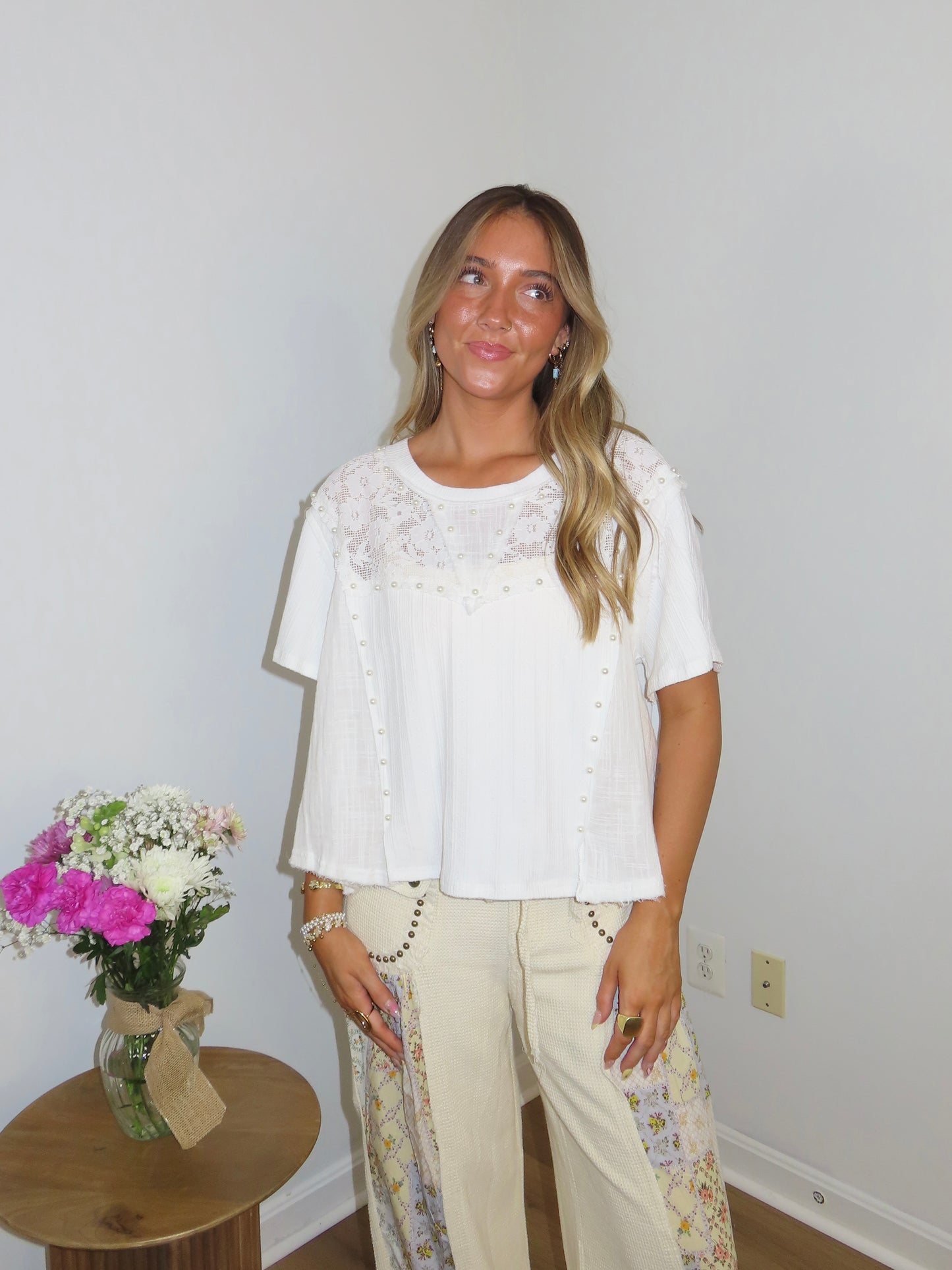 Pearls & Lace Top- White