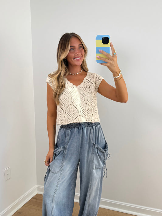Crochet Dreams Top- Natural & Pink