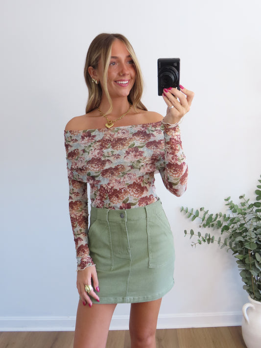 Wildflower Whispers Mesh Off-Shoulder Knit Bodysuit
