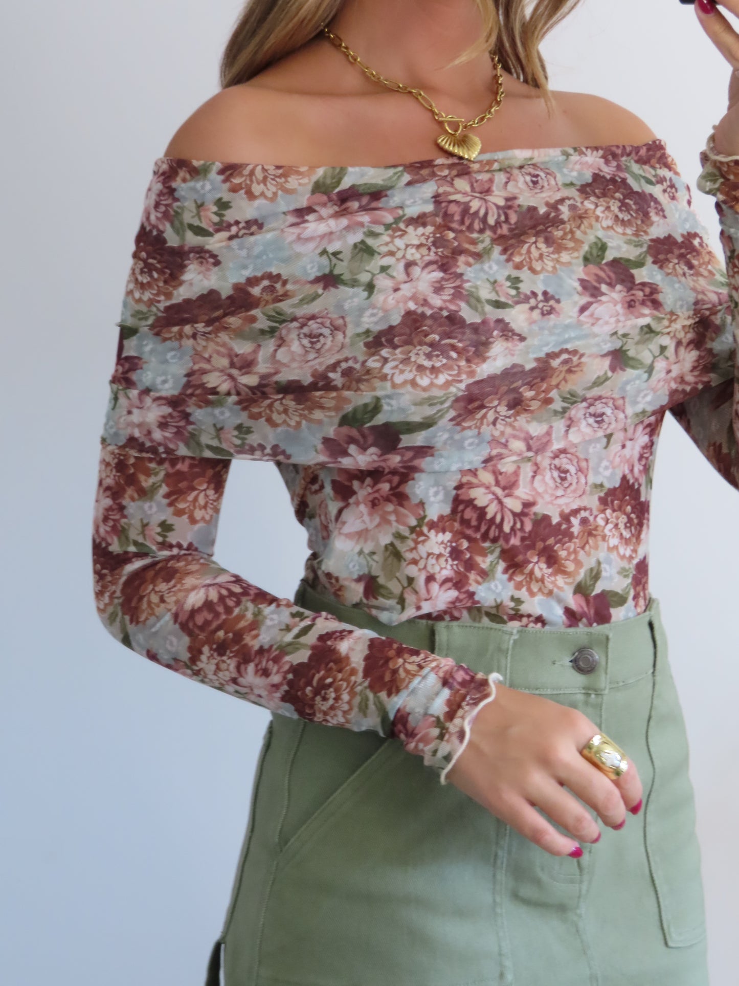 Wildflower Whispers Mesh Off-Shoulder Knit Bodysuit