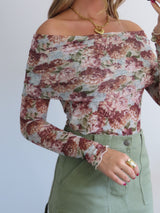 Wildflower Whispers Mesh Off-Shoulder Knit Bodysuit