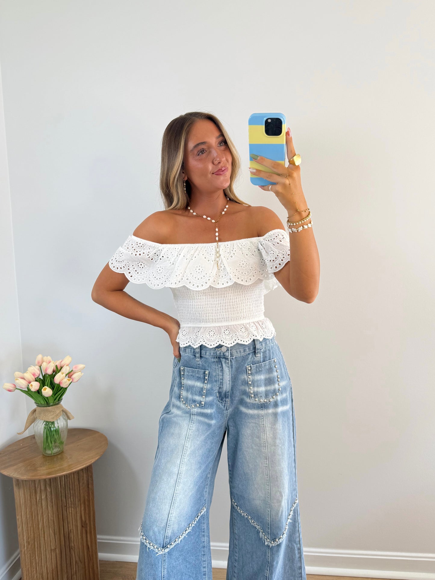 Eyelet Off The Shoulder Top