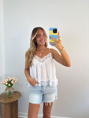 Boho Lace Trim Tank- White & Pink