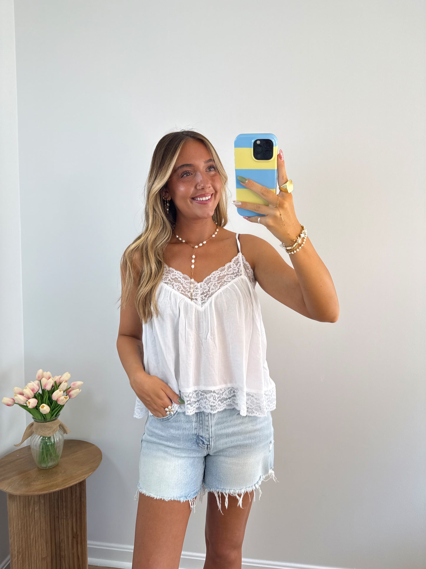 Boho Lace Trim Tank- White & Pink