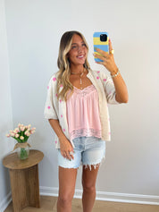 Boho Lace Trim Tank- White & Pink