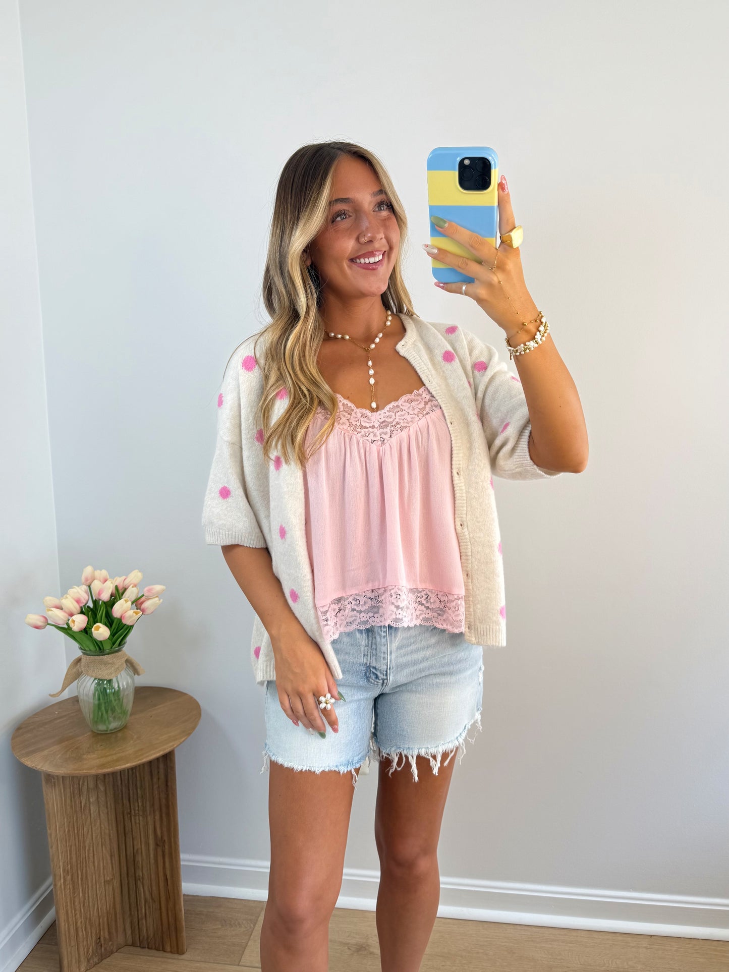 Boho Lace Trim Tank- White & Pink