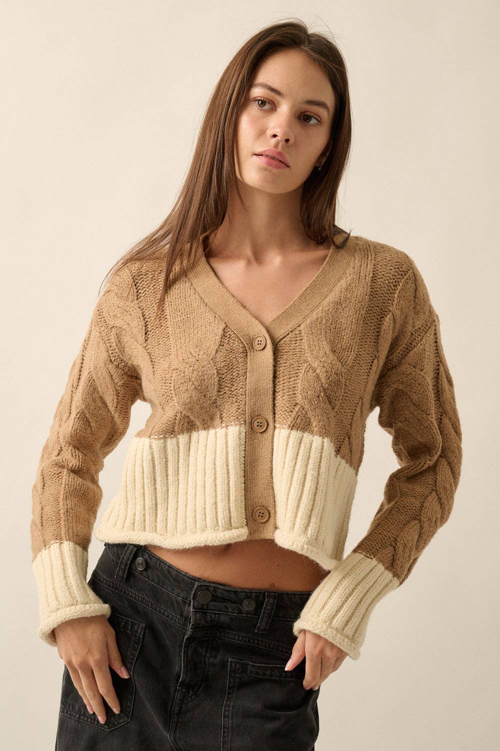 Caramel Color Block Cardigan Sweater