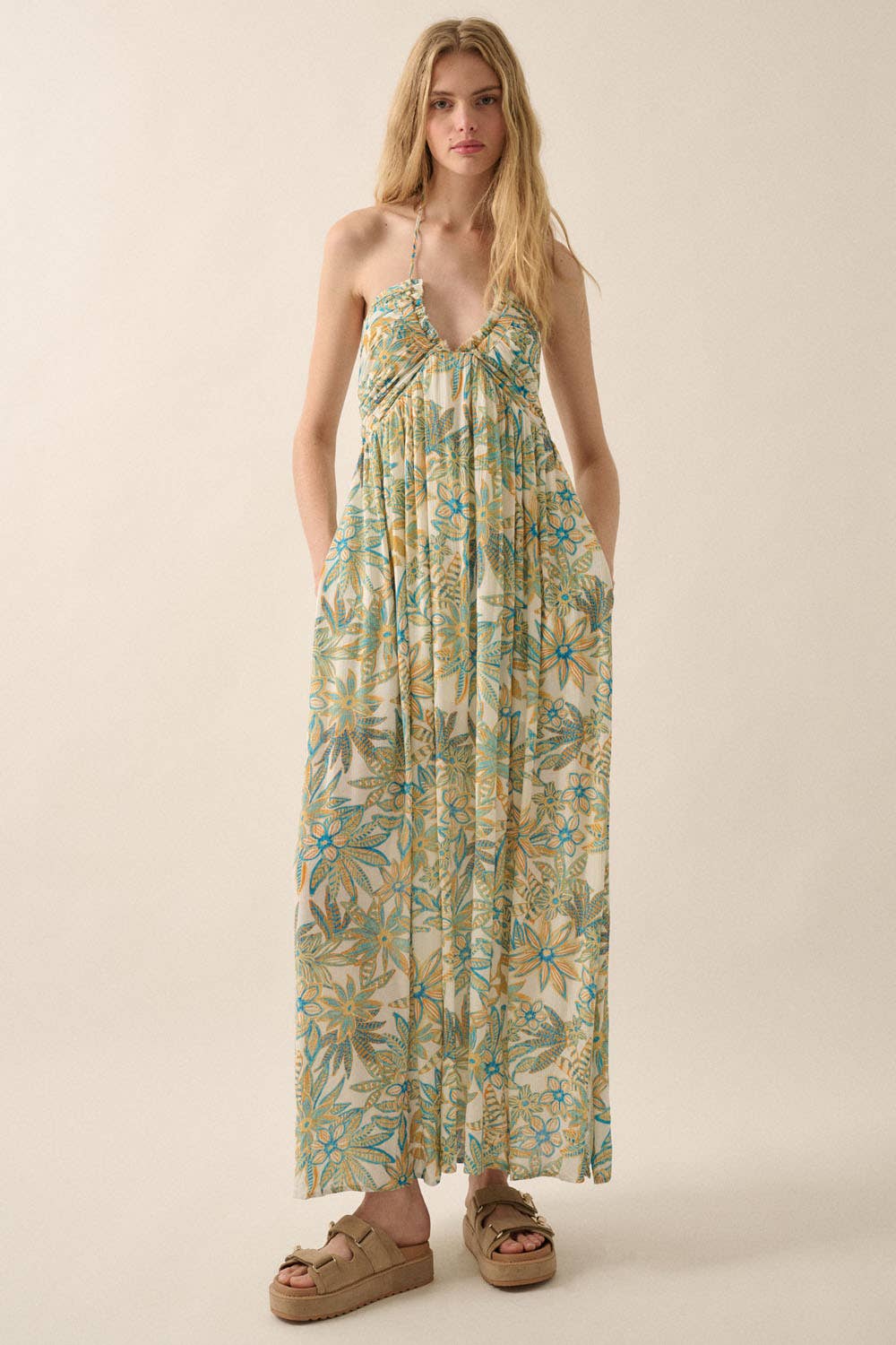 Sunny Bouquet Tie-Back Halter Maxi Dress