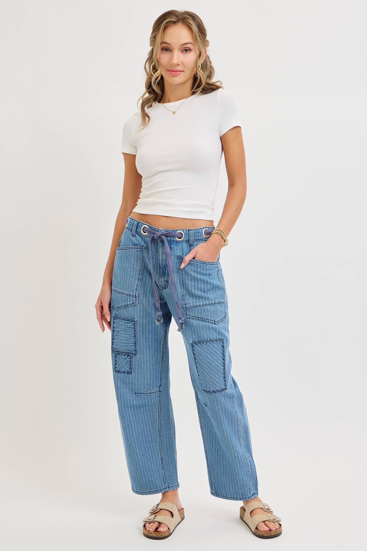 Striped Patch Barrel Jeans