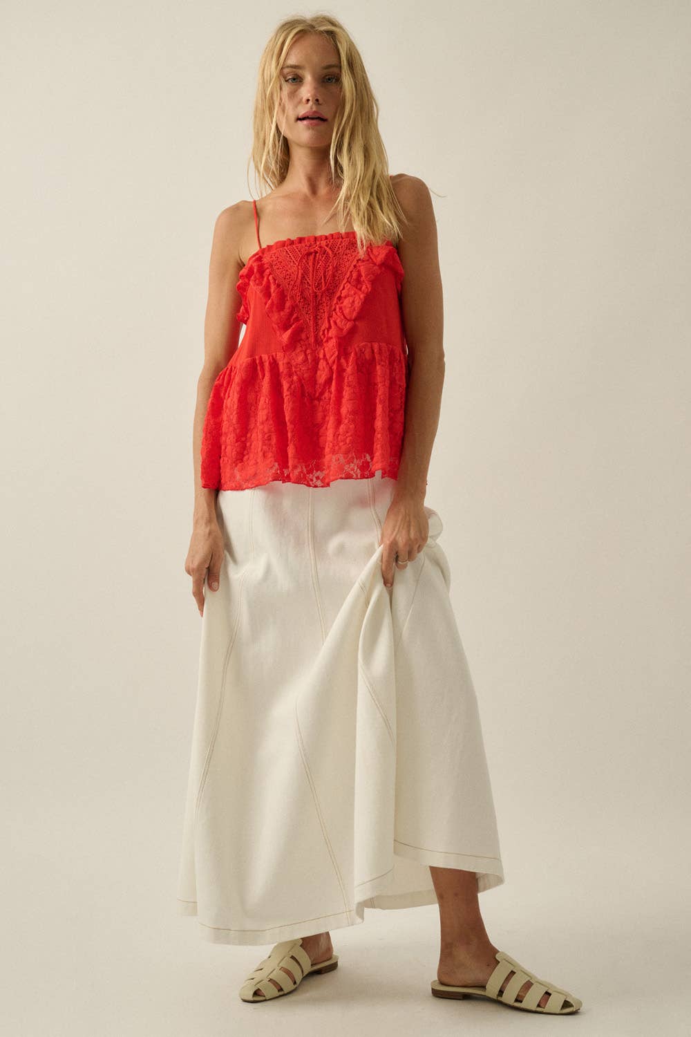 Floral Lace and Cotton Gauze Ruffled Babydoll Cami Top