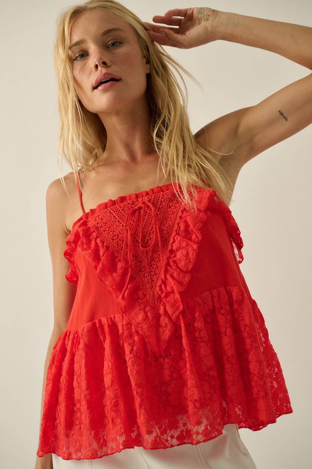 Floral Lace and Cotton Gauze Ruffled Babydoll Cami Top