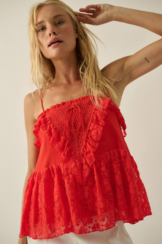 Floral Lace and Cotton Gauze Ruffled Babydoll Cami Top