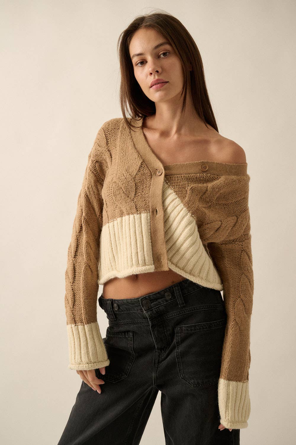 Caramel Color Block Cardigan Sweater